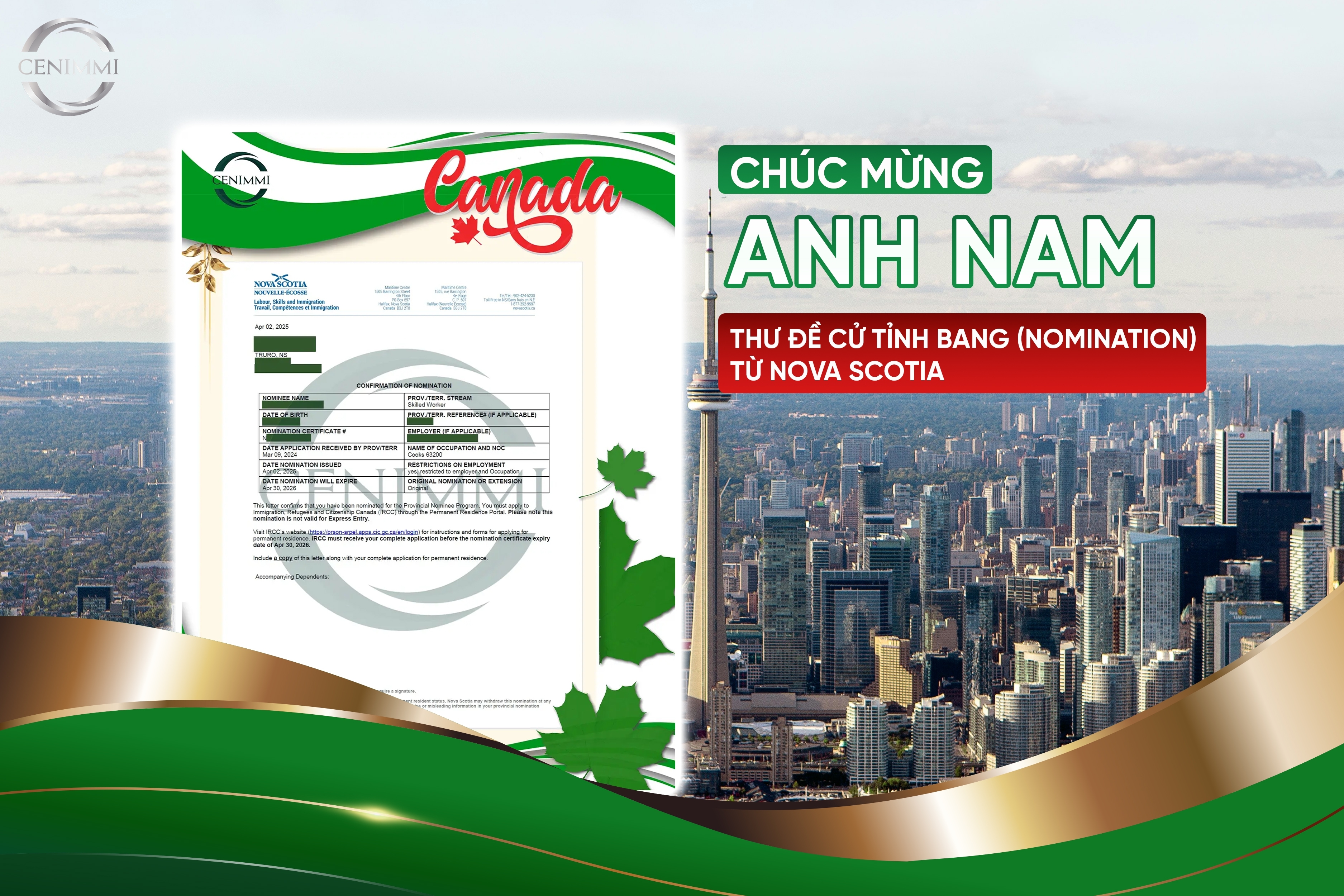 Chúc mừng anh Nam nhận thư đề cử tỉnh bang định cư từ Nova Scotia